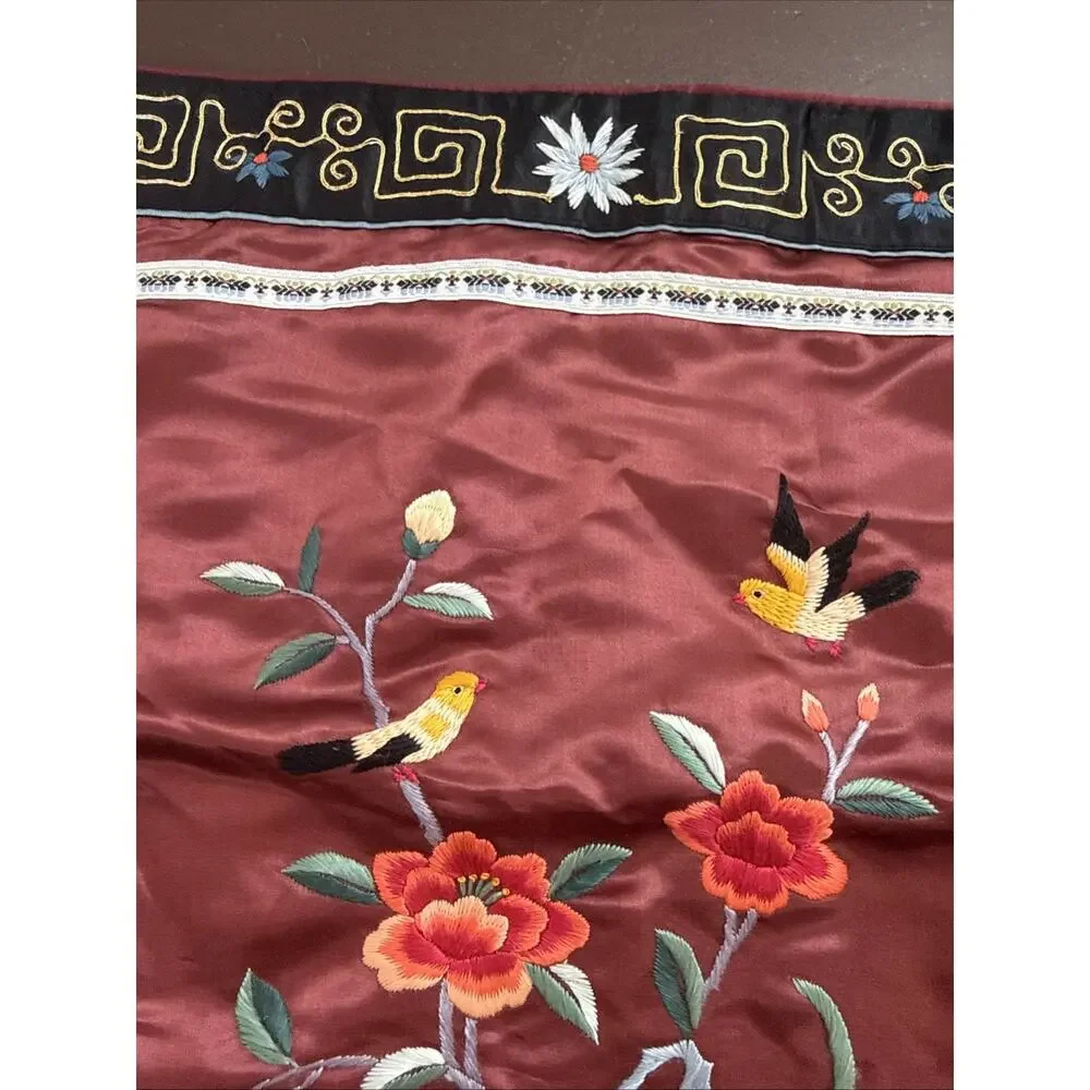 Vtg Dun Huang Beijing Silk Embroidered Pillow Cover Bird Peony Chinoiserie 16x16